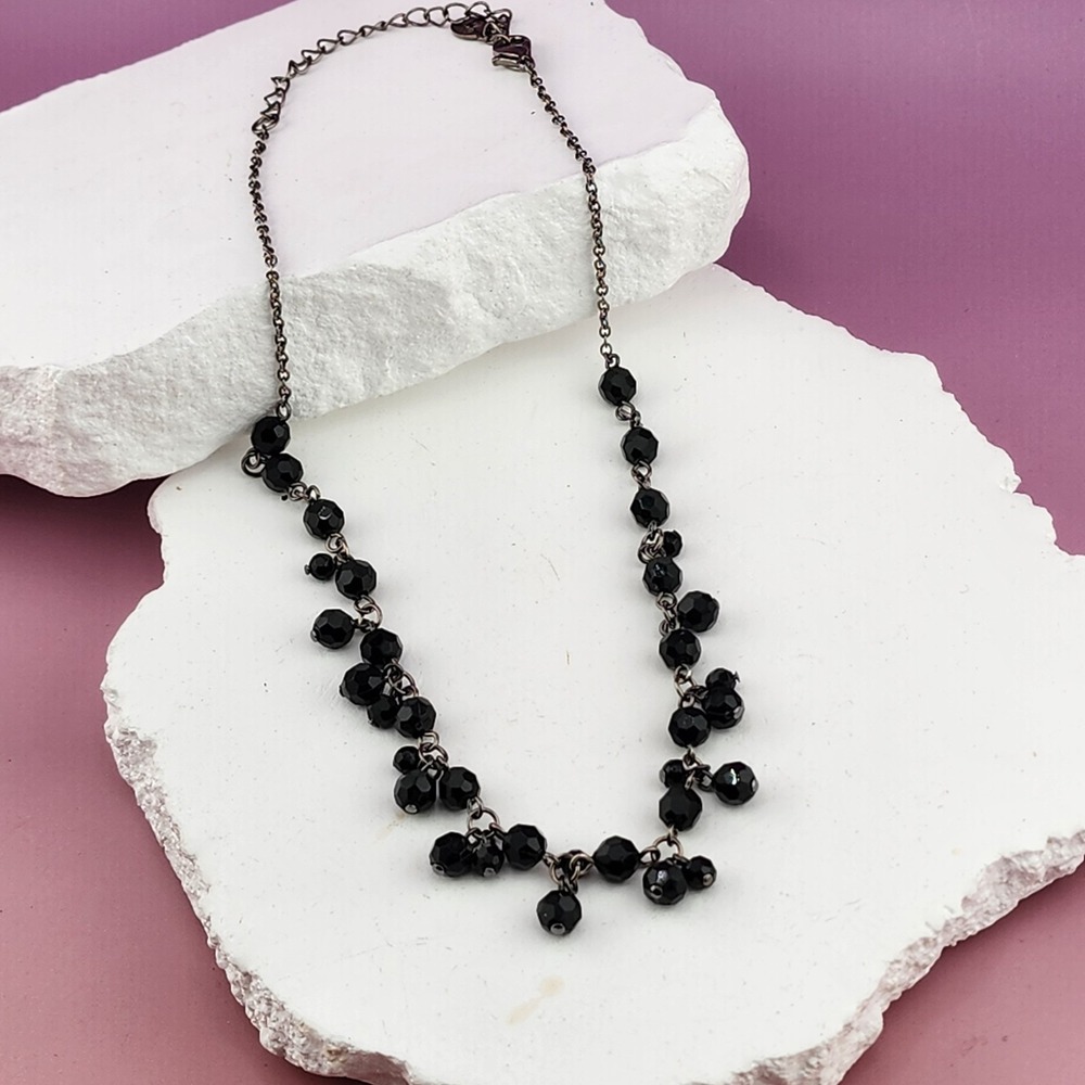 Cookie Lee Black Faceted Bead Cluster Necklace Gunmetal Chain Gothic Statement